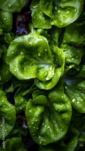 Fresh lettuce background, adorned with glistening droplets of water, top down view.