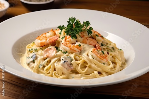 heaping plate of linguine with shrimps and creamy sauce, created with generative ai