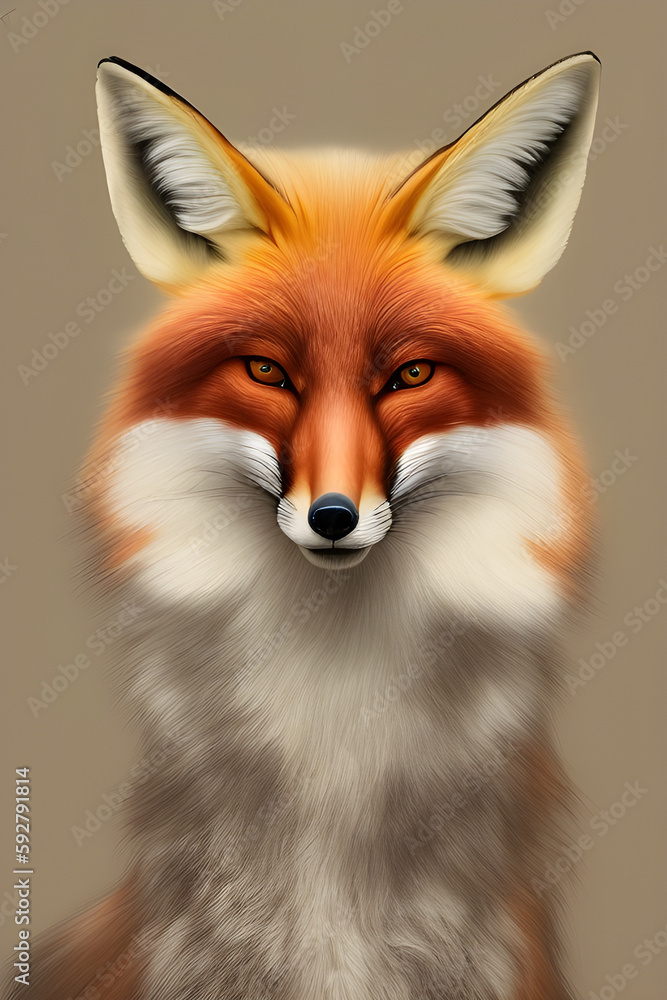 Fototapeta premium Portrait of a red fox on a light background. The head of a beautiful forest animal. Smart look of a dodgy fox, a skillful predator and an elegant animal, generative AI