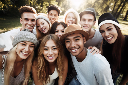 Happy Friends in the City: Multiracial Young People Having Fun Walking the Urban Streets