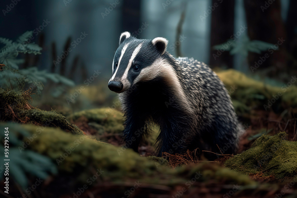 Obraz premium Wild Badger in the green forest, rainy day