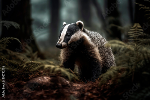 Wild Badger in the green forest, rainy day © Melipo-Art