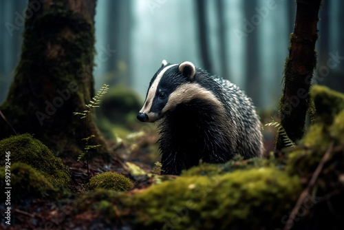 Wild Badger in the green forest, rainy day © Melipo-Art