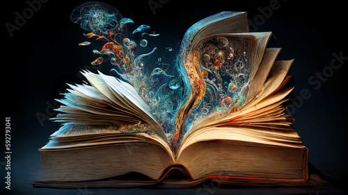 Concept illustration of an open book with knowledge streaming out of it. © Caseyjadew