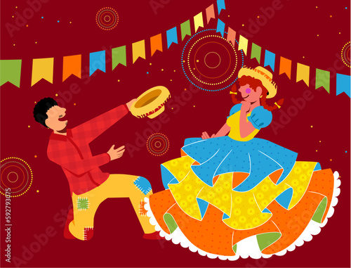 Festa Junina - Casal Caipira - Casal de vestidos com roupas típicas de caipira dançando na quadrilha - cortejo