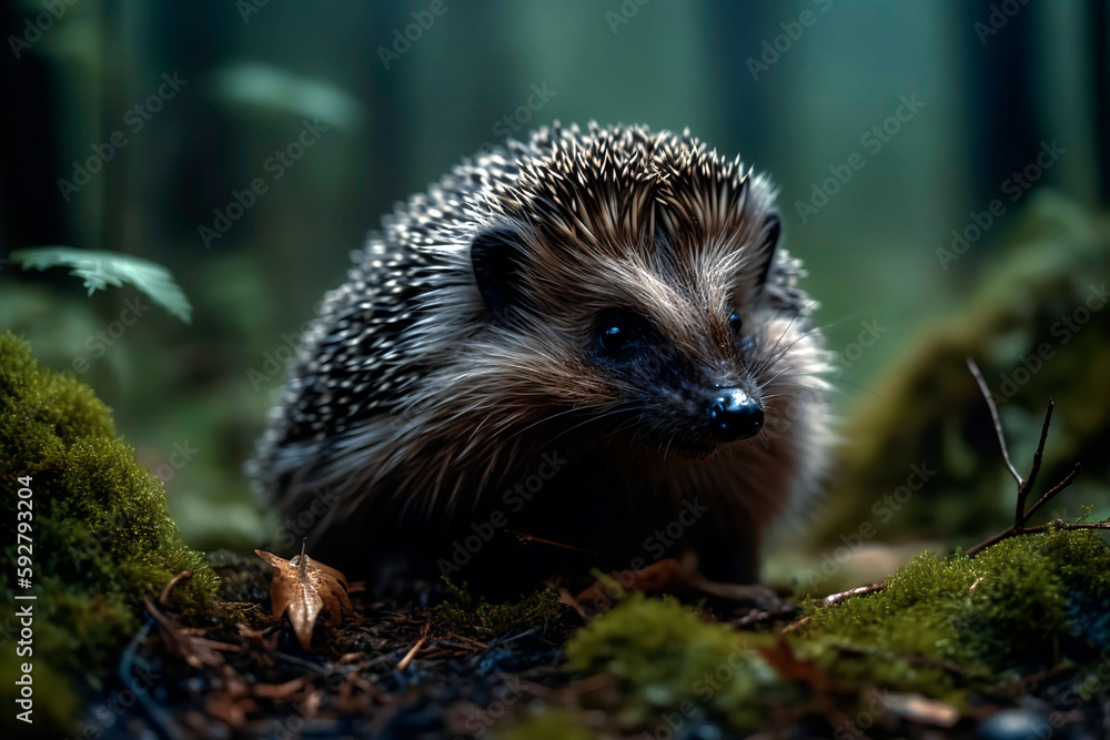 Wild hedgehog in the green forest, rainy day. Wild hedgehog in the green forest, rainy day.