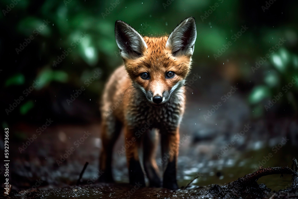 Obraz premium Wild Fox in the green forest, rainy day.