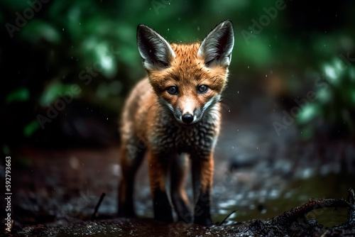 Wild Fox in the green forest, rainy day.