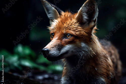 Wild Fox in the green forest  rainy day.