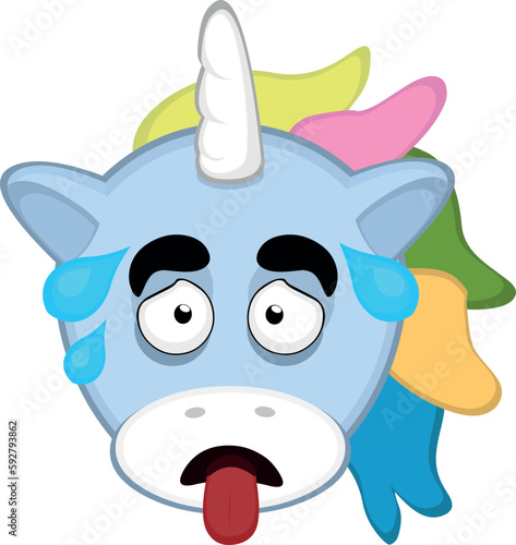 vector illustration exhausted cartoon unicorn face, with tongue out and drops of sweat on head
