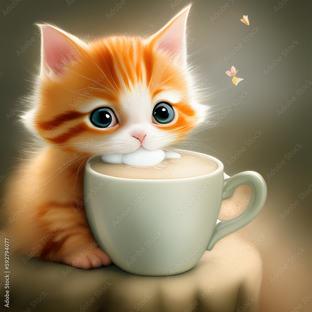 cute and adorable baby orange cat drinking milk from a cup big ...