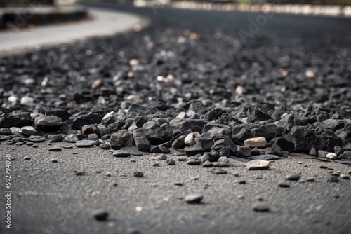 close-up of road surface repair with layers of new asphalt, gravel and aggregate visible, created with generative ai photo