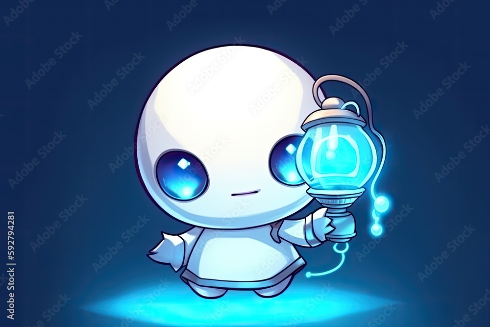 cartoon character holding a lantern in his hand in a dark night forest. Generative AI cartoon character holding a lantern in his hand in a dark night forest. Generative AI