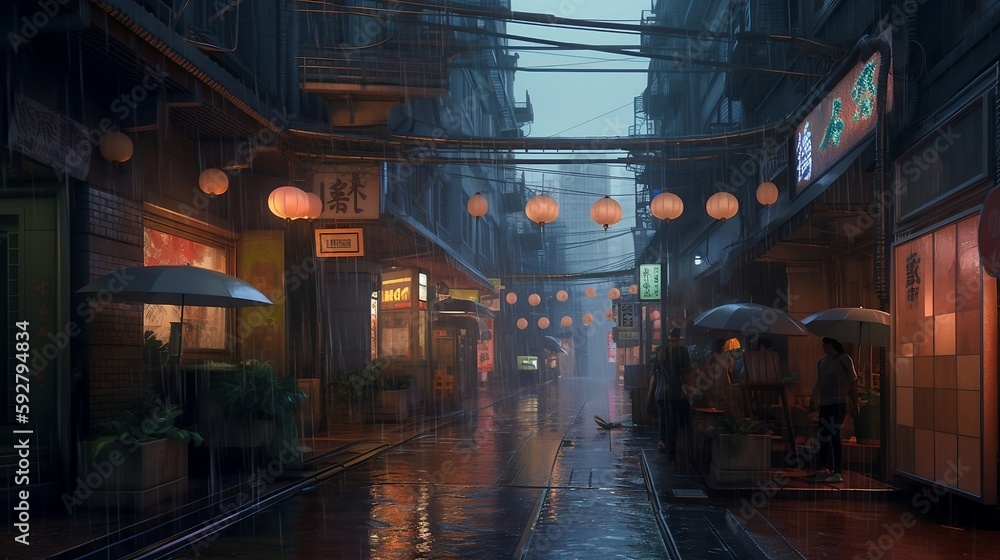 nukestar, rainy day,  in a futuristic city