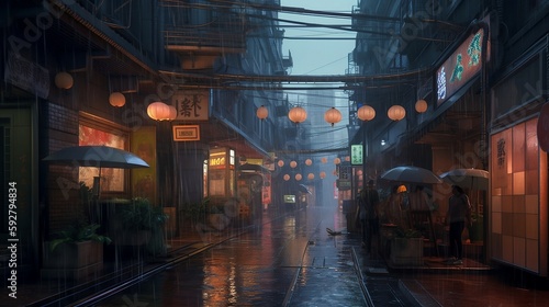 nukestar, rainy day, in a futuristic city