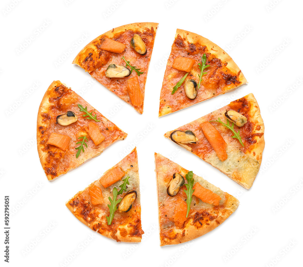 Slices of tasty seafood pizza isolated on white background Slices of tasty seafood pizza isolated on white background