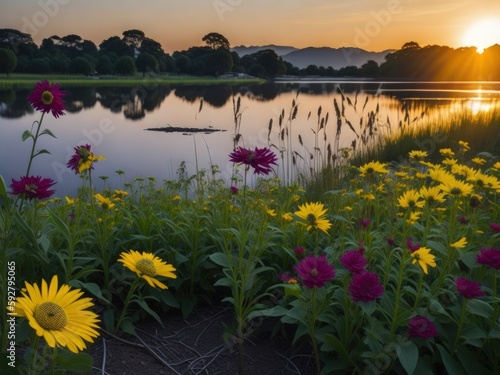 A field of beautiful flowers with a pond in the background, sunset or sunrise with some clouds