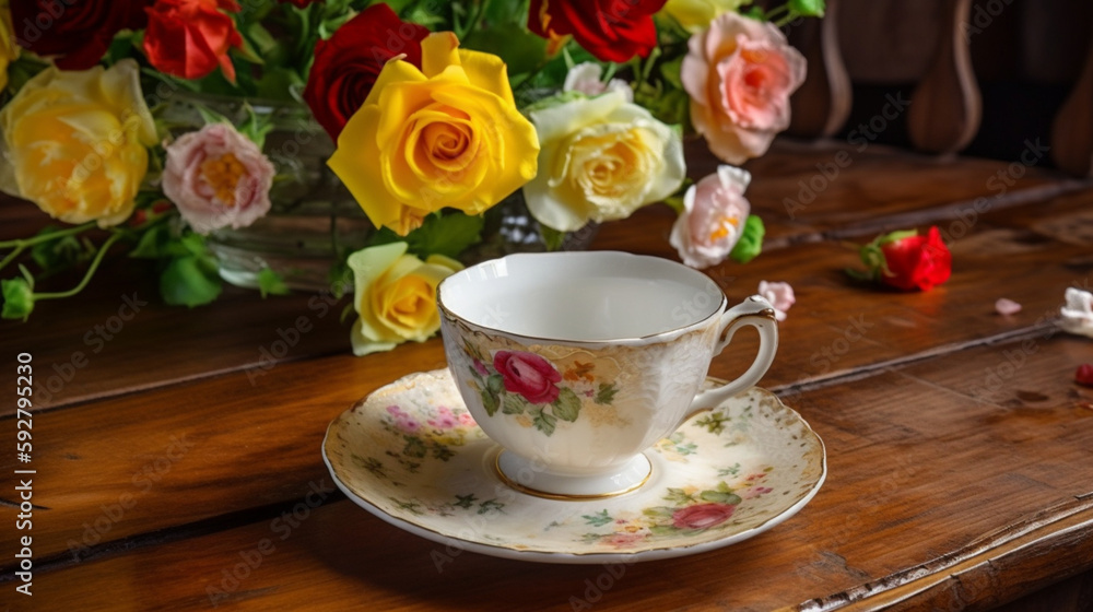 A Blissful Retreat: Tea Cup on a Table Brimming with Flowers A Blissful Retreat: Tea Cup on a Table Brimming with Flowers