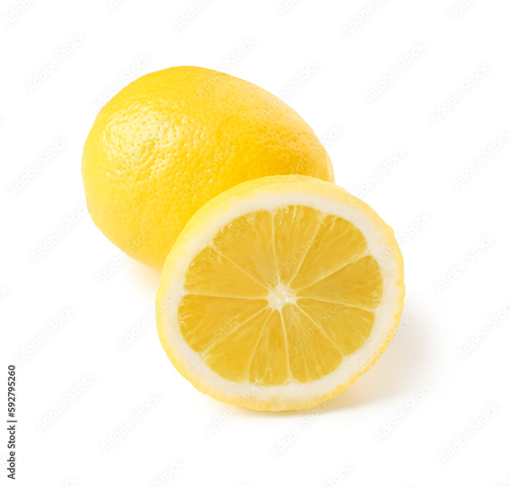 Whole and cut fresh lemons on white background