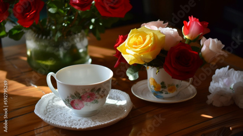 Wallpaper Mural A Blissful Retreat: Tea Cup on a Table Brimming with Flowers Torontodigital.ca