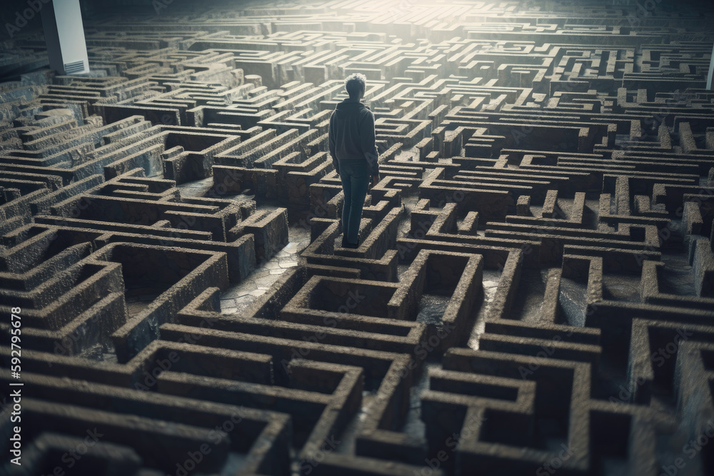 Man standing in concrete hedge complex maze, created with Generative AI. Man standing in concrete hedge complex maze, created with Generative AI.