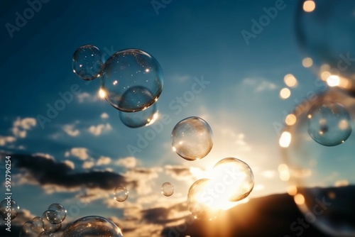 Big bubbles, blurred clear sky and cloud, holy sunlight. AI generative