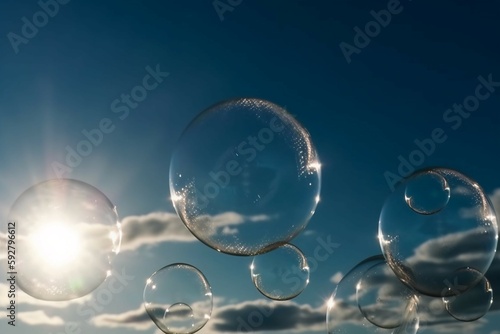 Big bubbles  blurred clear sky and cloud  holy sunlight. AI generative