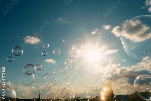 Big bubbles, blurred clear sky and cloud, holy sunlight. AI generative