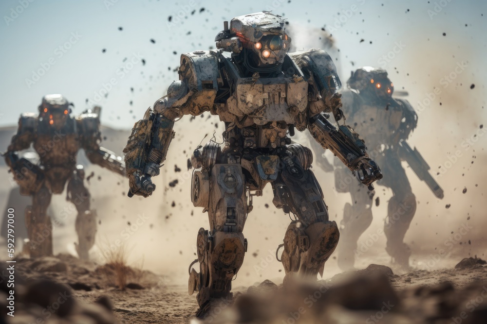 Soldier in combat gear or a robot with artificial intelligence, combat suit, war zone and war weapon, fictional location, Generative AI