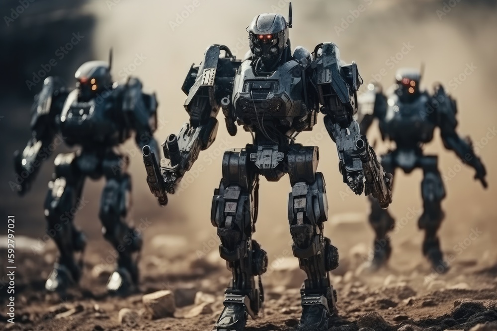 Soldier in combat gear or a robot with artificial intelligence, combat suit, war zone and war weapon, fictional location, Generative AI Soldier in combat gear or a robot with artificial intelligence, combat suit, war zone and war weapon, fictional location, Generative AI