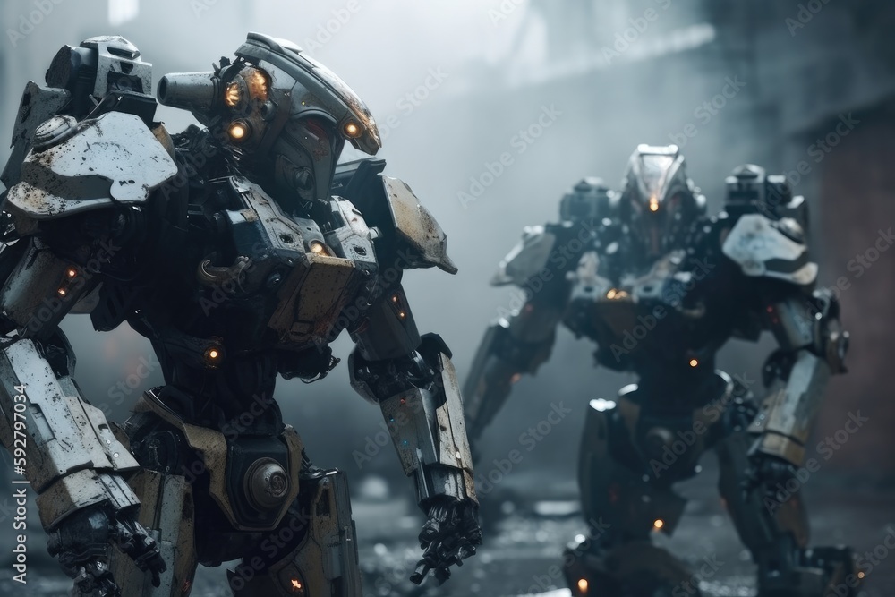 Soldier in combat gear or a robot with artificial intelligence, combat suit, war zone and war weapon, fictional location, Generative AI Soldier in combat gear or a robot with artificial intelligence, combat suit, war zone and war weapon, fictional location, Generative AI
