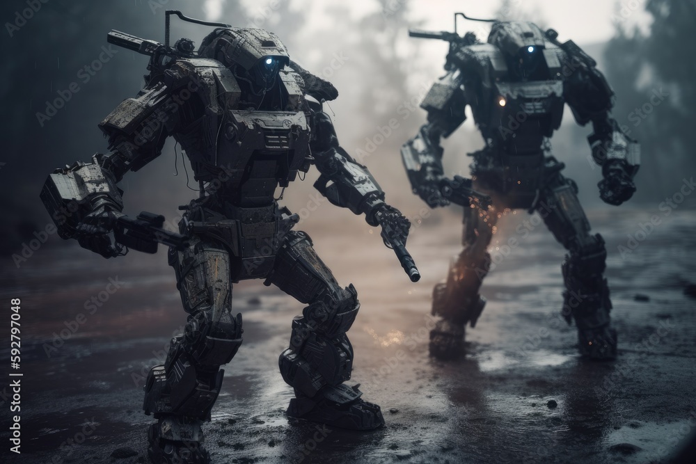 Soldier in combat gear or a robot with artificial intelligence, combat suit, war zone and war weapon, fictional location, Generative AI Soldier in combat gear or a robot with artificial intelligence, combat suit, war zone and war weapon, fictional location, Generative AI