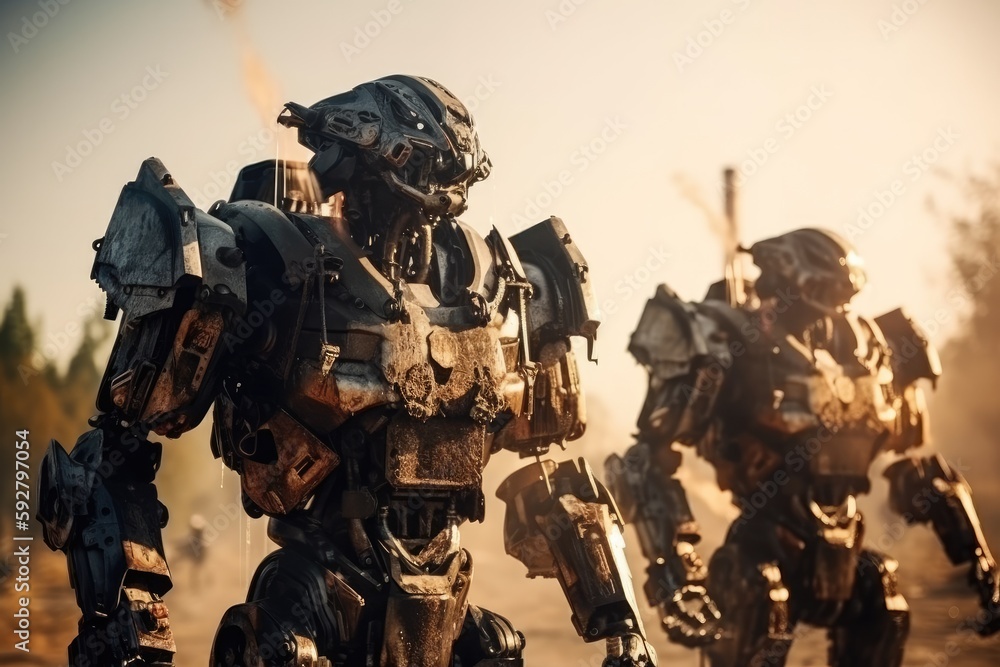 Soldier in combat gear or a robot with artificial intelligence, combat suit, war zone and war weapon, fictional location, Generative AI Soldier in combat gear or a robot with artificial intelligence, combat suit, war zone and war weapon, fictional location, Generative AI