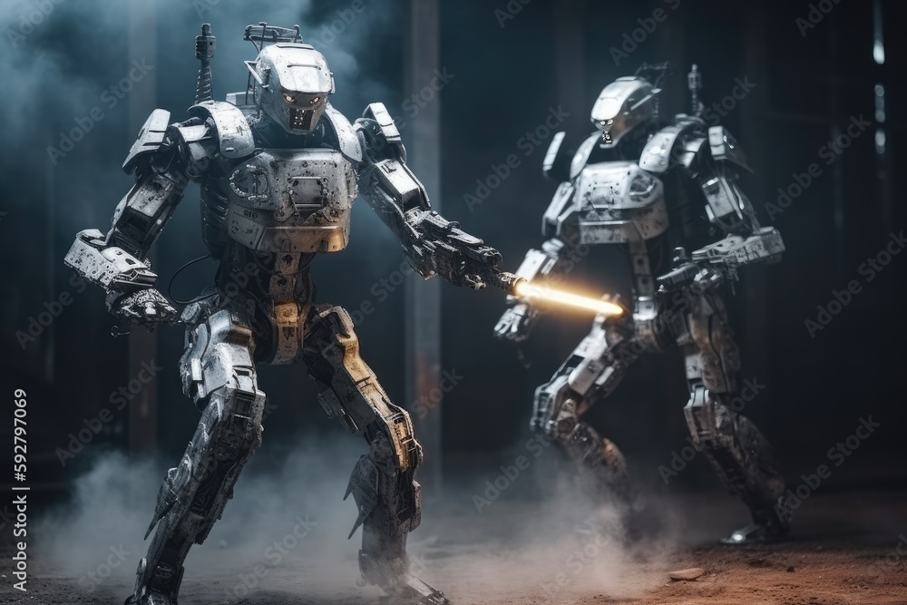 Fototapeta premium Soldier in combat gear or a robot with artificial intelligence, combat suit, war zone and war weapon, fictional location, Generative AI