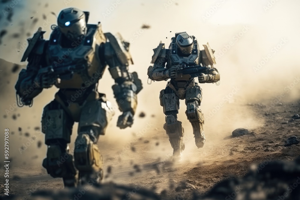 Fototapeta premium Soldier in combat gear or a robot with artificial intelligence, combat suit, war zone and war weapon, fictional location, Generative AI