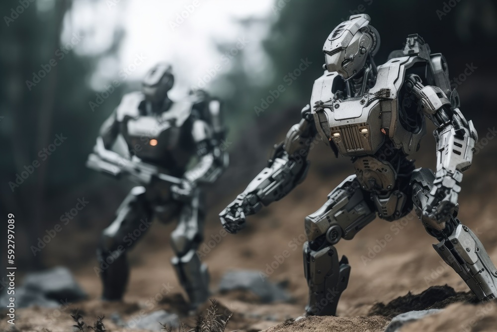 Soldier in combat gear or a robot with artificial intelligence, combat suit, war zone and war weapon, fictional location, Generative AI