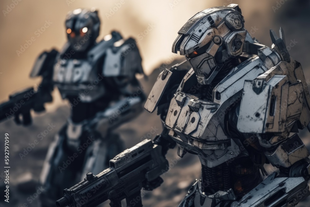 Soldier in combat gear or a robot with artificial intelligence, combat suit, war zone and war weapon, fictional location, Generative AI Soldier in combat gear or a robot with artificial intelligence, combat suit, war zone and war weapon, fictional location, Generative AI