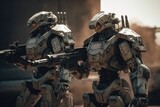 Soldier in combat gear or a robot with artificial intelligence, combat suit, war zone and war weapon, fictional location, Generative AI