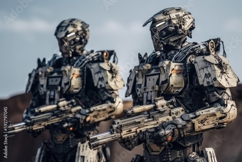 Soldier in combat gear or a robot with artificial intelligence, combat suit, war zone and war weapon, fictional location, Generative AI