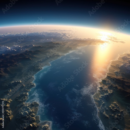 Earth's curvature. From space, an aerial picture of the blue world. Sunrise over the globe's land and sea. generative ai