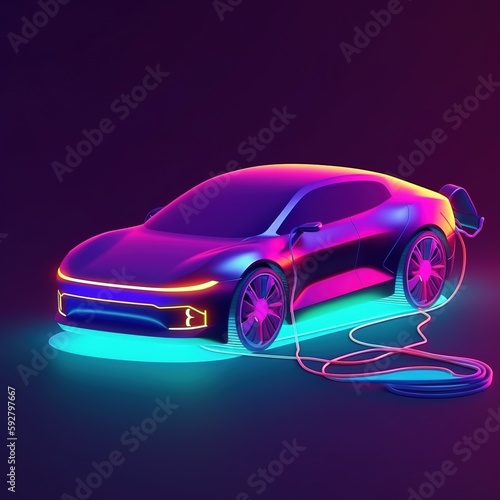 car isolated on black  EV car with charging station charger in hologram. generative ai