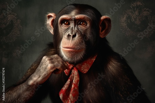 Anthropomorphic funny monkey dressed in female clothes. AI generated, human enhanced photo