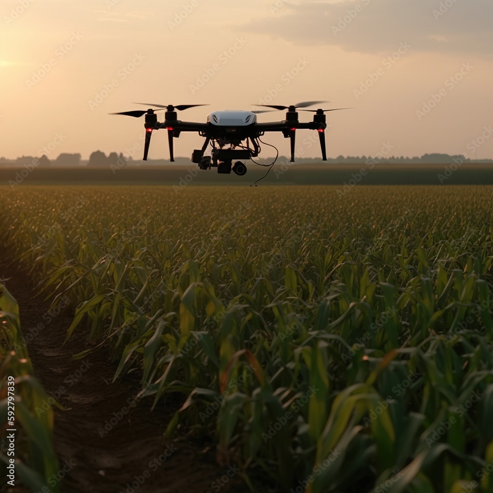 Drone fly over smart farming working in the field. generative ai