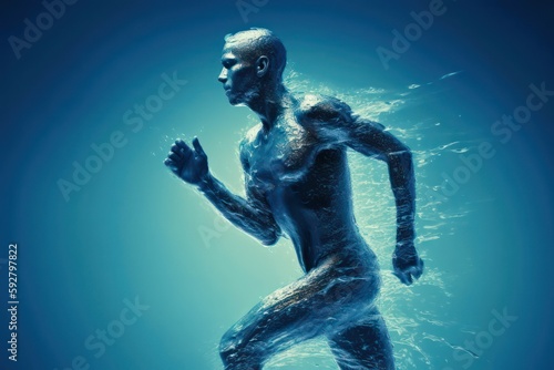 Human body shape of a running man filled with blue water  wellness concept. AI generated  human enhanced