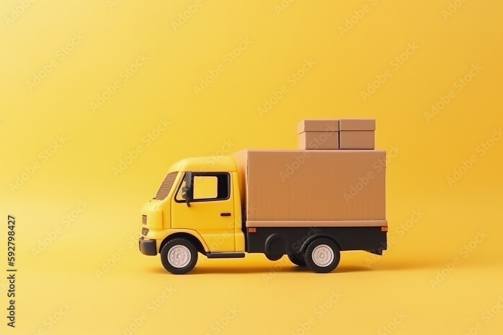 Illustration of yellow delivery truck and cardboard boxes, yellow background, logistics concept. Generative AI Illustration of yellow delivery truck and cardboard boxes, yellow background, logistics concept. Generative AI