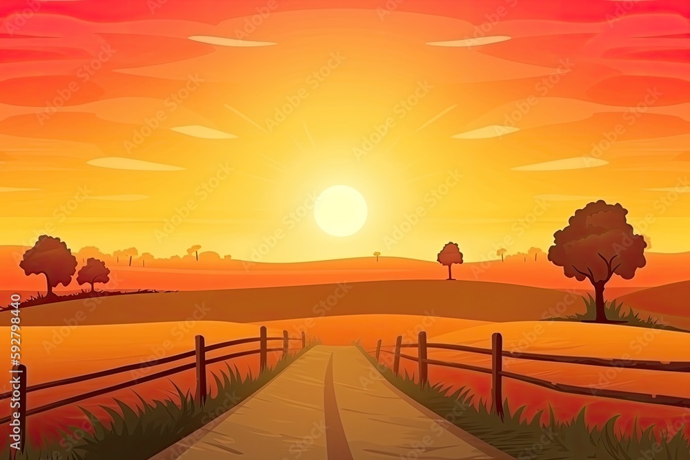 peaceful rural landscape at sunset. Generative AI peaceful rural landscape at sunset. Generative AI