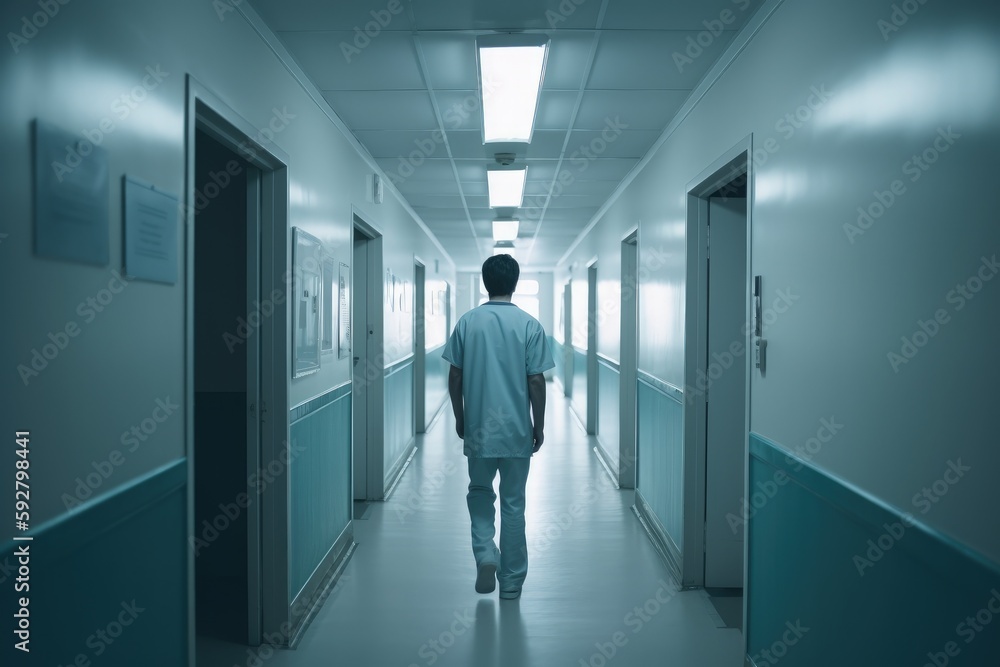 Illustration of a doctor with his back in a hospital corridor. Generative AI Illustration of a doctor with his back in a hospital corridor. Generative AI