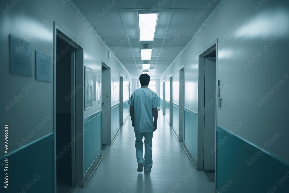 Illustration of a doctor with his back in a hospital corridor. Generative AI