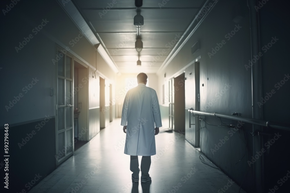 Illustration of a doctor with his back in a hospital corridor. Generative AI