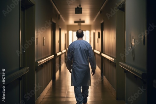 Illustration of a doctor with his back in a hospital corridor. Generative AI